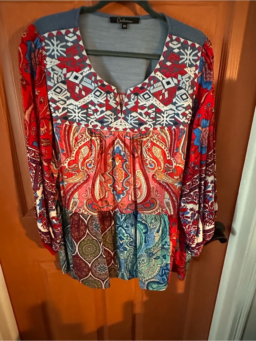 New Calessa  Multicolor Patchwork Paisley Tunic - Red, Blue, Cream
